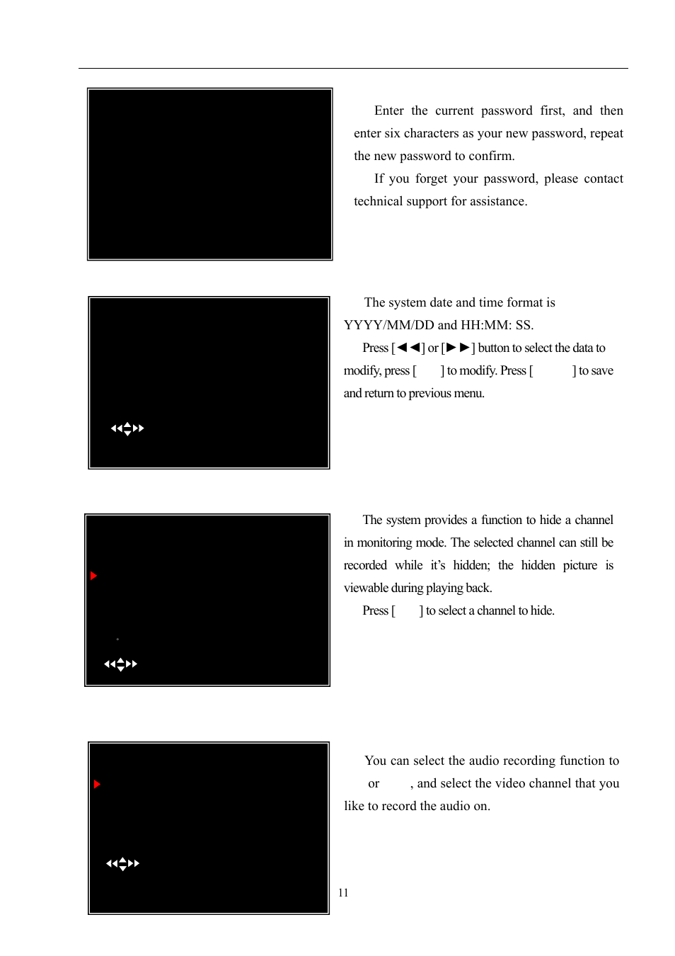 User manual, Miscellaneous setup - set time, Miscellaneous setup - hidden channel | Miscellaneous setup - audio port setup | LT Security LTD9056M6 User Manual | Page 13 / 29