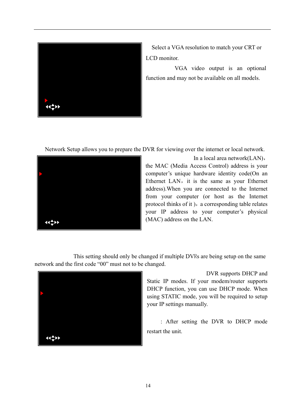 User manual, Miscellaneous setup - vga setup, Network setup | LT Security LTD9056M6 User Manual | Page 16 / 29