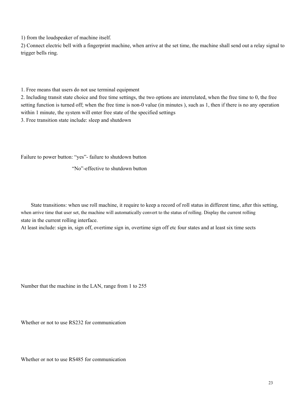 4 communication settings, Free time settings, Locking off key | Time state transition, Machine number, Rs232, Rs485 | LT Security LTAL5300PM User Manual | Page 22 / 41