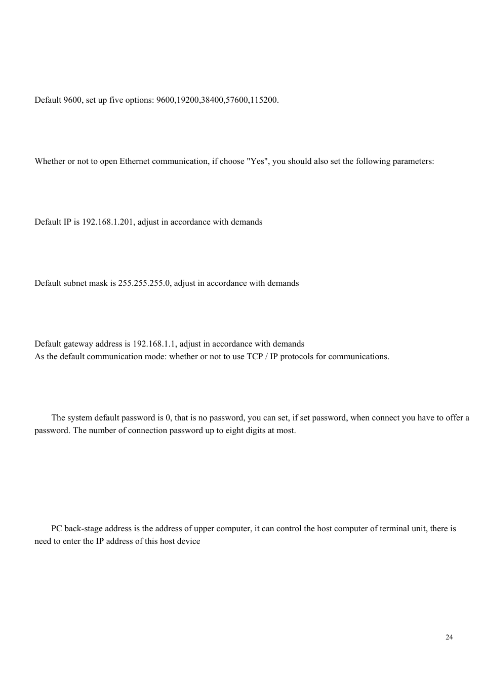 Baud rate, Ethernet network, Ip address | Subnet mask, Gateway address, Connection password, Dynamic ip allocation, Back-stage address | LT Security LTAL5300PM User Manual | Page 23 / 41