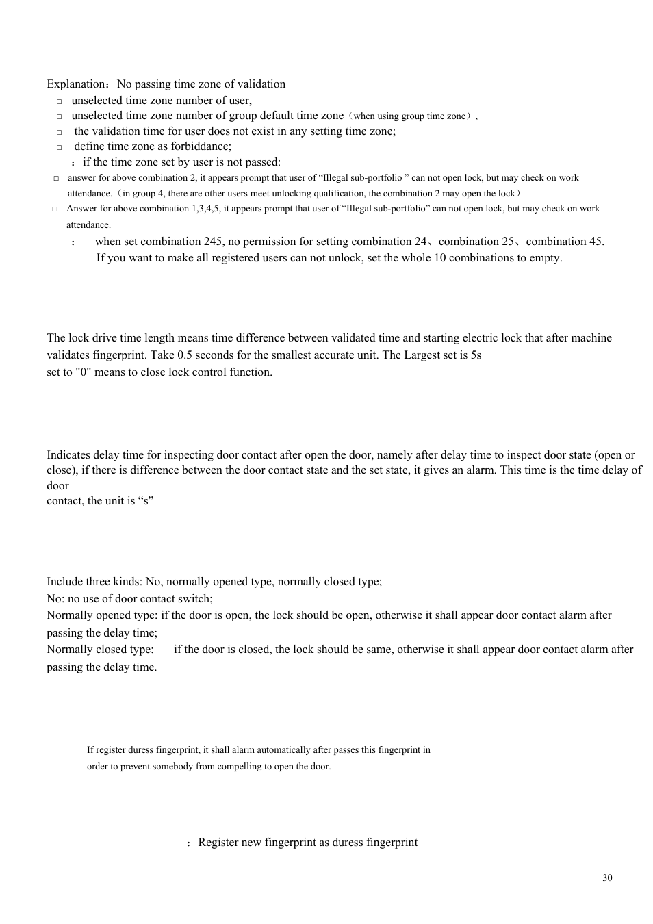 5 lock drive time, 6 time delay of door contact, 7 door contact switch settings | 8 duress alarm settings | LT Security LTAL5300PM User Manual | Page 29 / 41