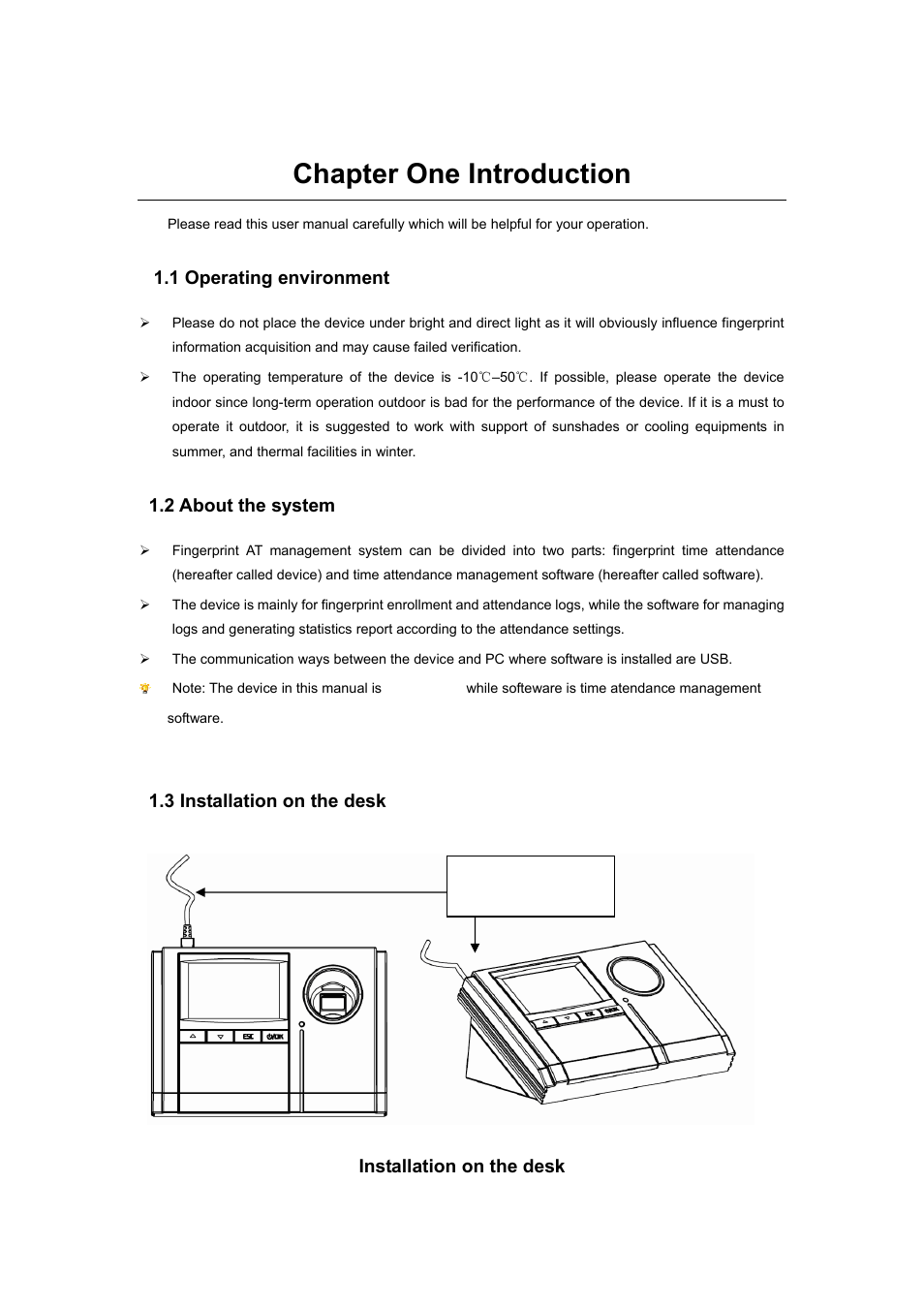 Chapter one introduction, 1 operating environment, 2 about the system | 3 installation on the desk, Installation on the desk | LT Security LTAL130PM User Manual | Page 2 / 12
