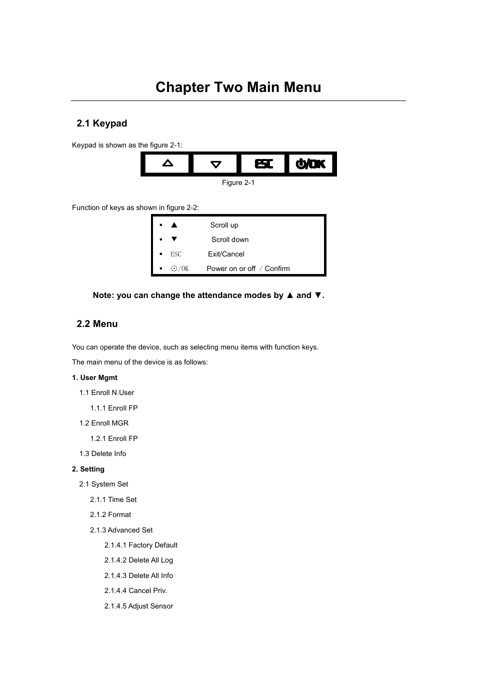 Chapter two main menu, 1 keypad 2.2 menu, User mgmt 2. setting | 1 keypad, 2 menu | LT Security LTAL130PM User Manual | Page 5 / 12