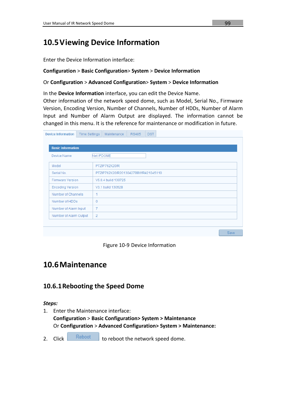 Iewing, Evice, Nformation | Aintenance, Rebooting the speed dome, 5 viewing device information, 6 maintenance, 1 rebooting the speed dome | LT Security IPPTZ762 User Manual | Page 100 / 107