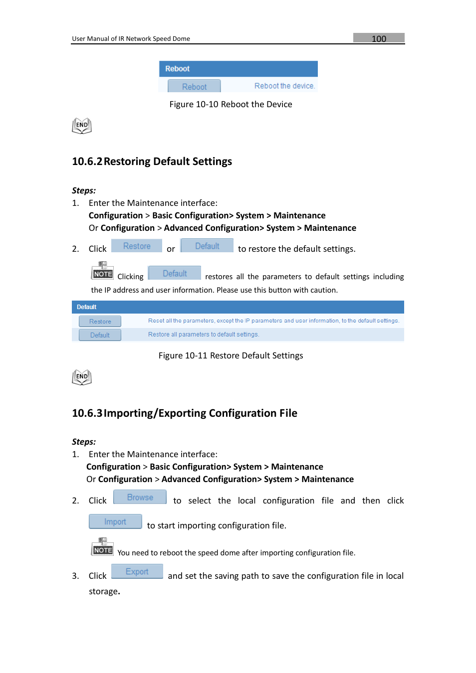 Restoring default settings, Importing/exporting configuration file, 2 restoring default settings | 3 importing/exporting configuration file | LT Security IPPTZ762 User Manual | Page 101 / 107