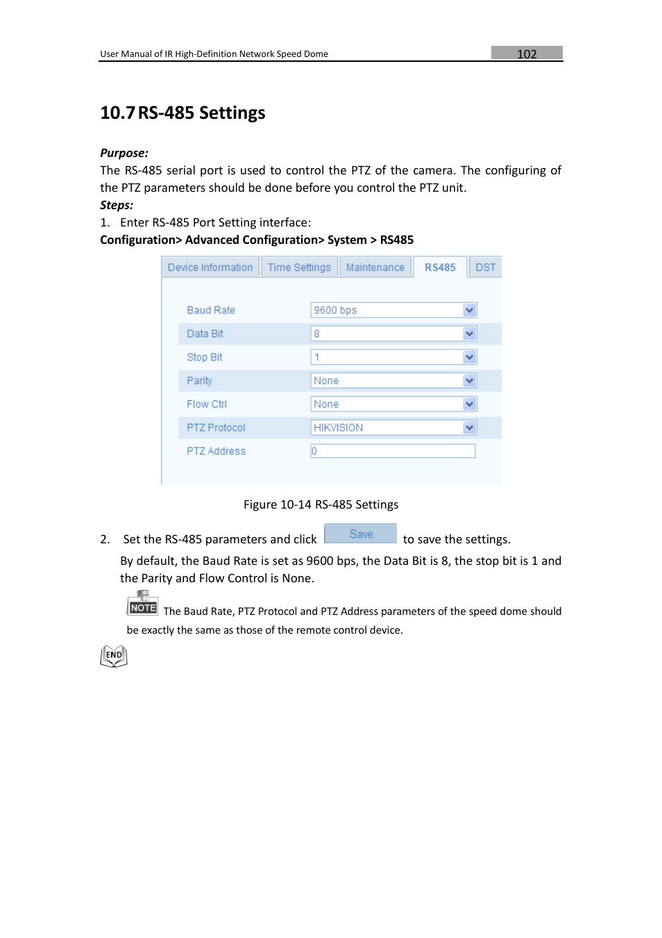 Rs-485, Ettings, 7 rs-485 settings | LT Security IPPTZ762 User Manual | Page 103 / 107