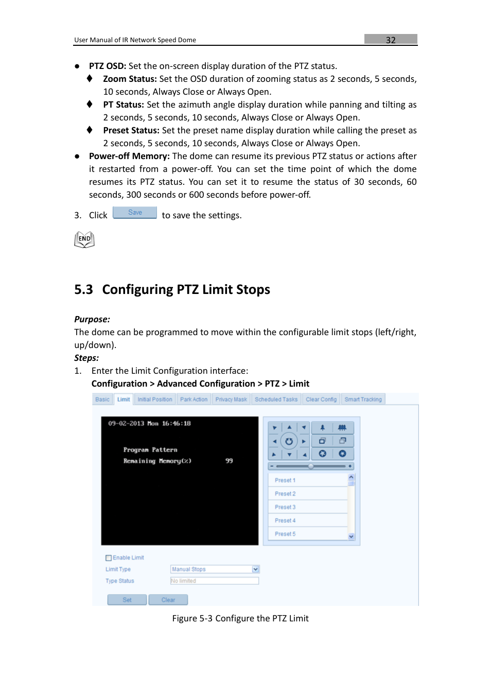 Onfiguring, Imit, Tops | 3 configuring ptz limit stops | LT Security IPPTZ762 User Manual | Page 33 / 107