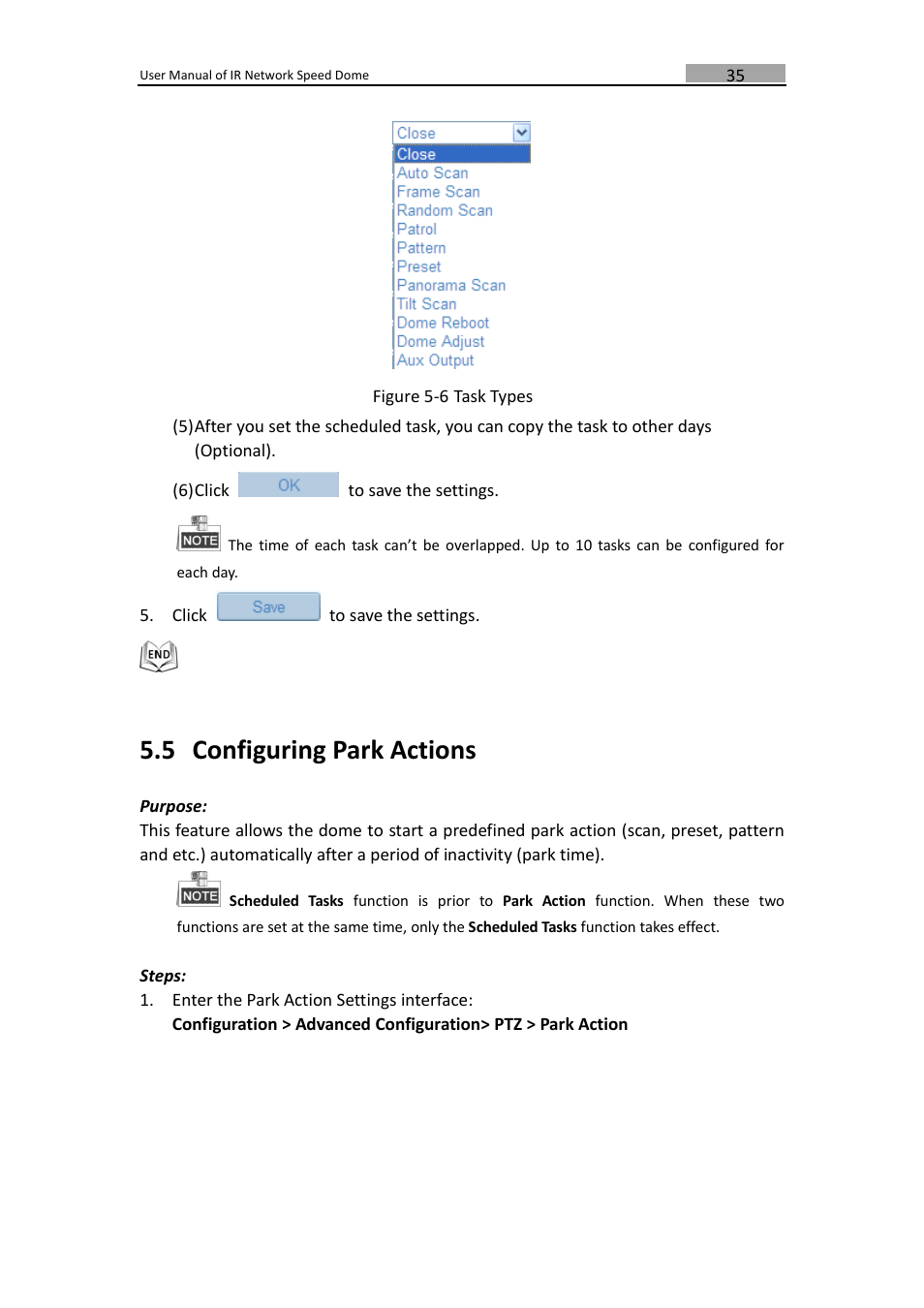 Onfiguring, Ctions, 5 configuring park actions | LT Security IPPTZ762 User Manual | Page 36 / 107