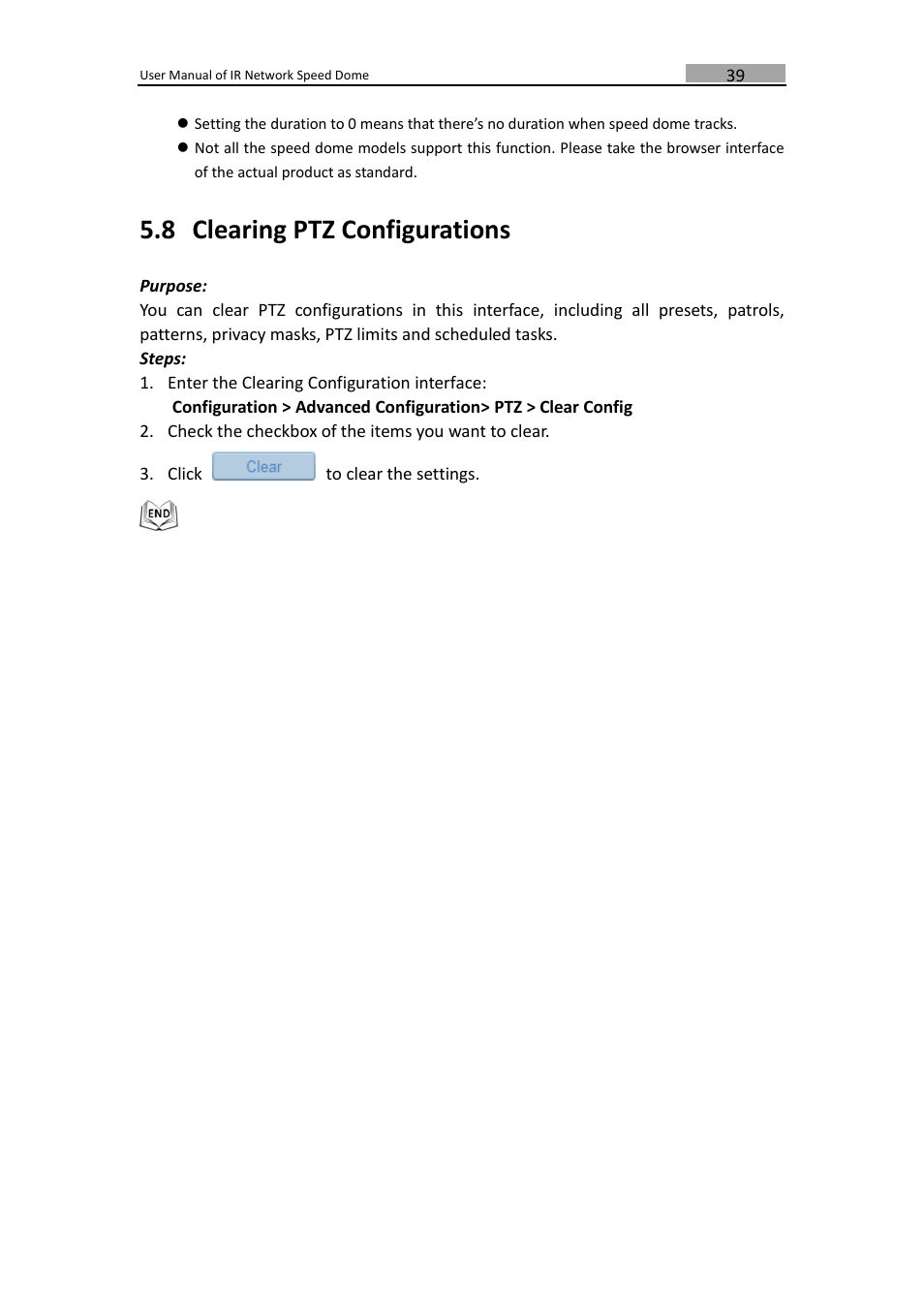 Learing, Onfigurations, 8 clearing ptz configurations | LT Security IPPTZ762 User Manual | Page 40 / 107