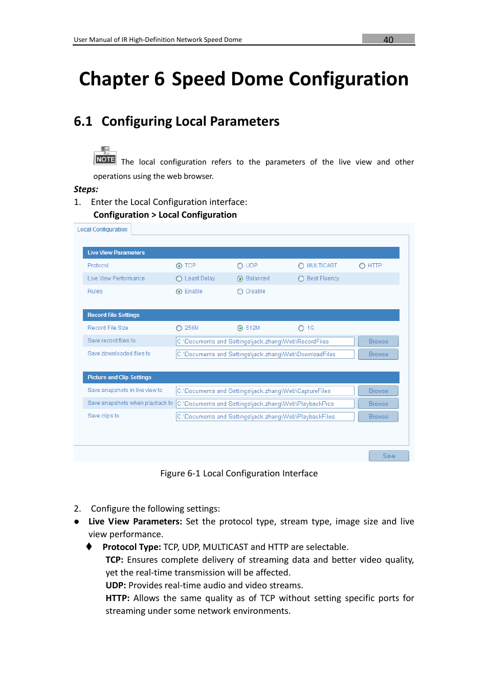 Chapter 6, Speed dome configuration, Onfiguring | Ocal, Arameters, Chapter 6 speed dome configuration, 1 configuring local parameters | LT Security IPPTZ762 User Manual | Page 41 / 107