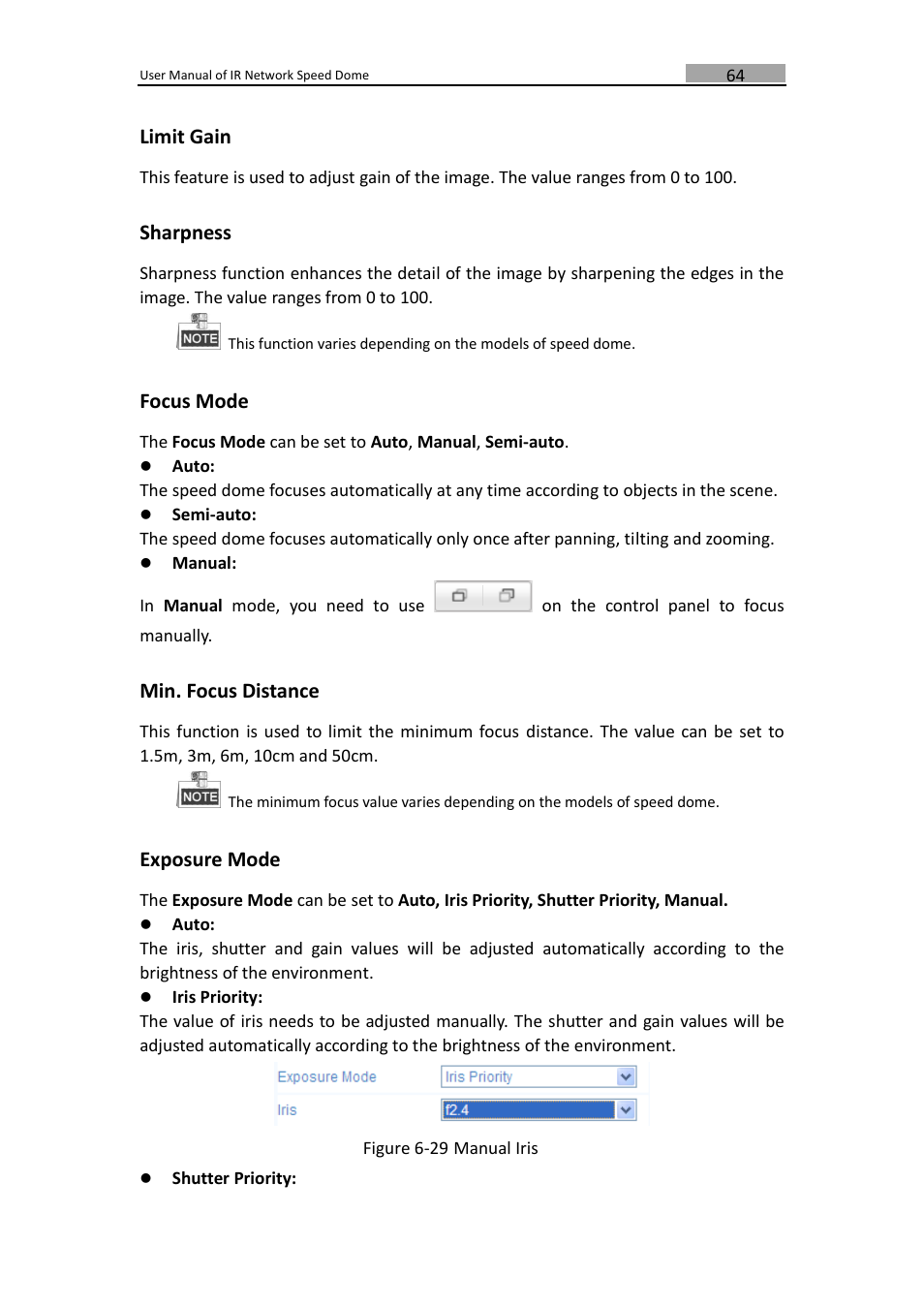 Limit gain, Sharpness, Focus mode | Min. focus distance, Exposure mode | LT Security IPPTZ762 User Manual | Page 65 / 107