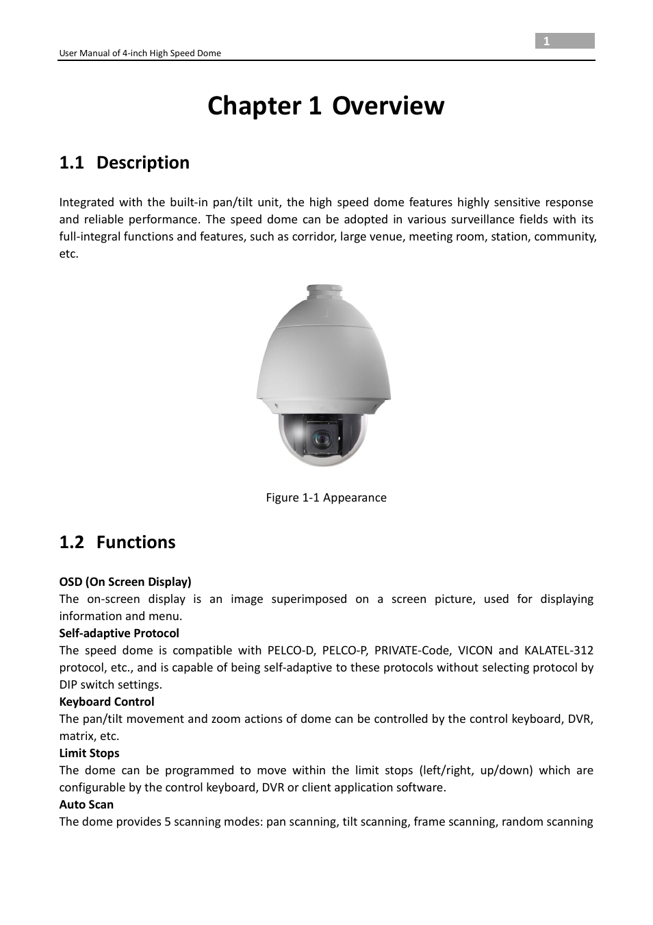Chapter 1 overview, 1 description, 2 functions | Chapter 1, Overview, Description, Functions | LT Security PTZ217X12 User Manual User Manual | Page 10 / 51