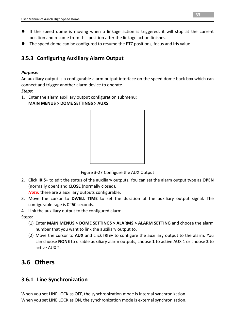 3 configuring auxiliary alarm output, 6 others, 1 line synchronization | Configuring auxiliary alarm output, Others, Line synchronization | LT Security PTZ217X12 User Manual User Manual | Page 42 / 51