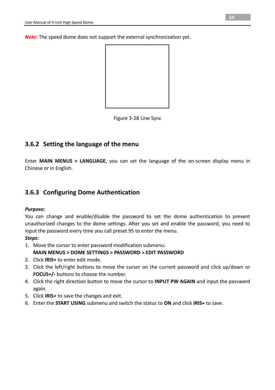 2 setting the language of the menu, 3 configuring dome authentication, Setting the language of the menu | Configuring dome authentication | LT Security PTZ217X12 User Manual User Manual | Page 43 / 51