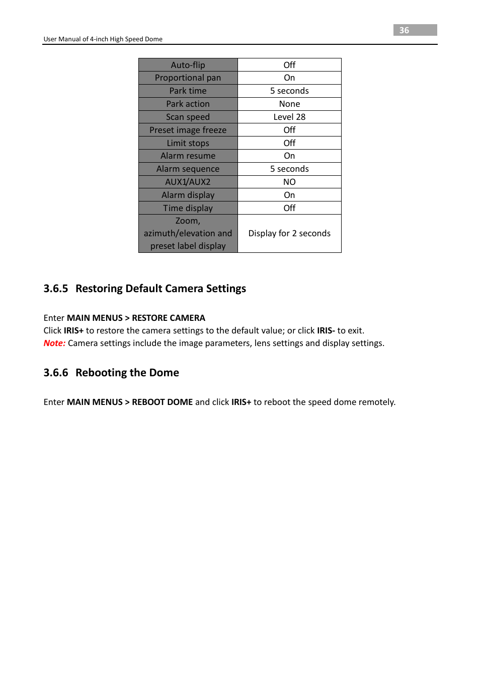 5 restoring default camera settings, 6 rebooting the dome, Restoring default camera settings | Rebooting the dome | LT Security PTZ217X12 User Manual User Manual | Page 45 / 51