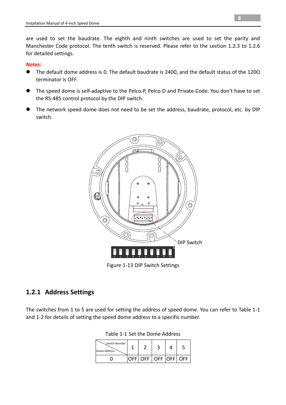 1 address settings, Address settings | LT Security PTZ217X12 Installation Manual User Manual | Page 17 / 37