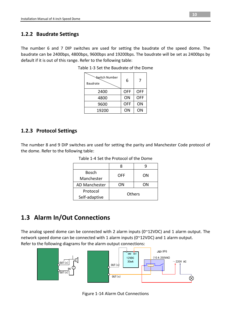 2 baudrate settings, 3 protocol settings, 3 alarm in/out connections | Baudrate settings, Protocol settings, Alarm in/out connections | LT Security PTZ217X12 Installation Manual User Manual | Page 19 / 37