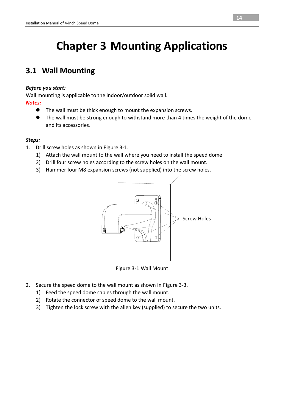 Chapter 3 mounting applications, 1 wall mounting, Chapter 3 | Mounting applications, Wall mounting | LT Security PTZ217X12 Installation Manual User Manual | Page 23 / 37
