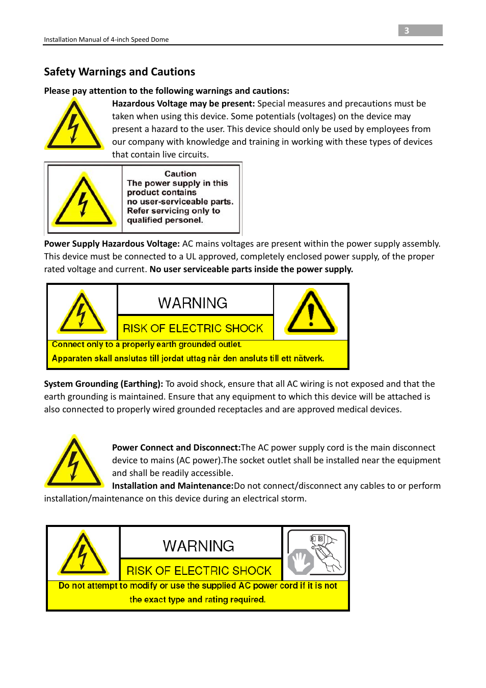 Safety warnings and cautions | LT Security PTZ217X12 Installation Manual User Manual | Page 4 / 37
