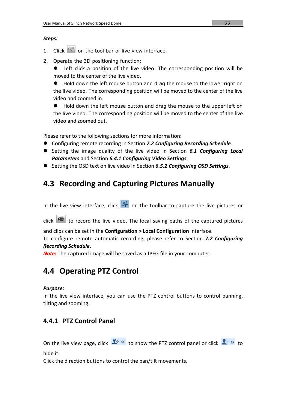 Ecording and, Apturing, Ictures | Anually, Perating, Ontrol, Ptz control panel, 3 recording and capturing pictures manually, 4 operating ptz control, 1 ptz control panel | LT Security PTZIP772X20IR User Manual | Page 23 / 94