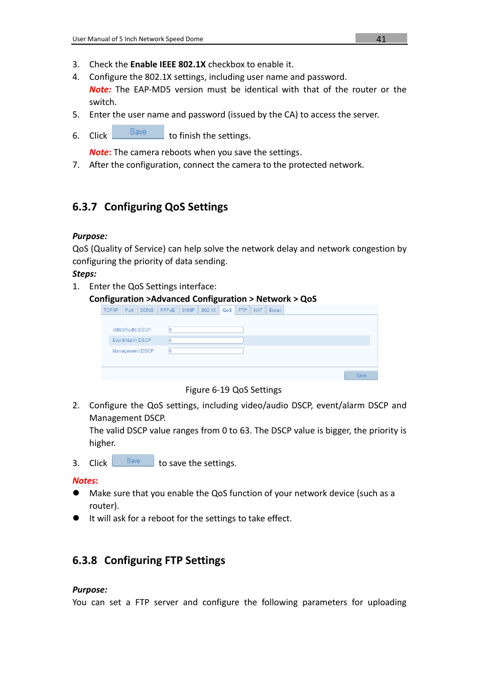 Configuring qos settings, Configuring ftp settings, 7 configuring qos settings | 8 configuring ftp settings | LT Security PTZIP772X20IR User Manual | Page 42 / 94