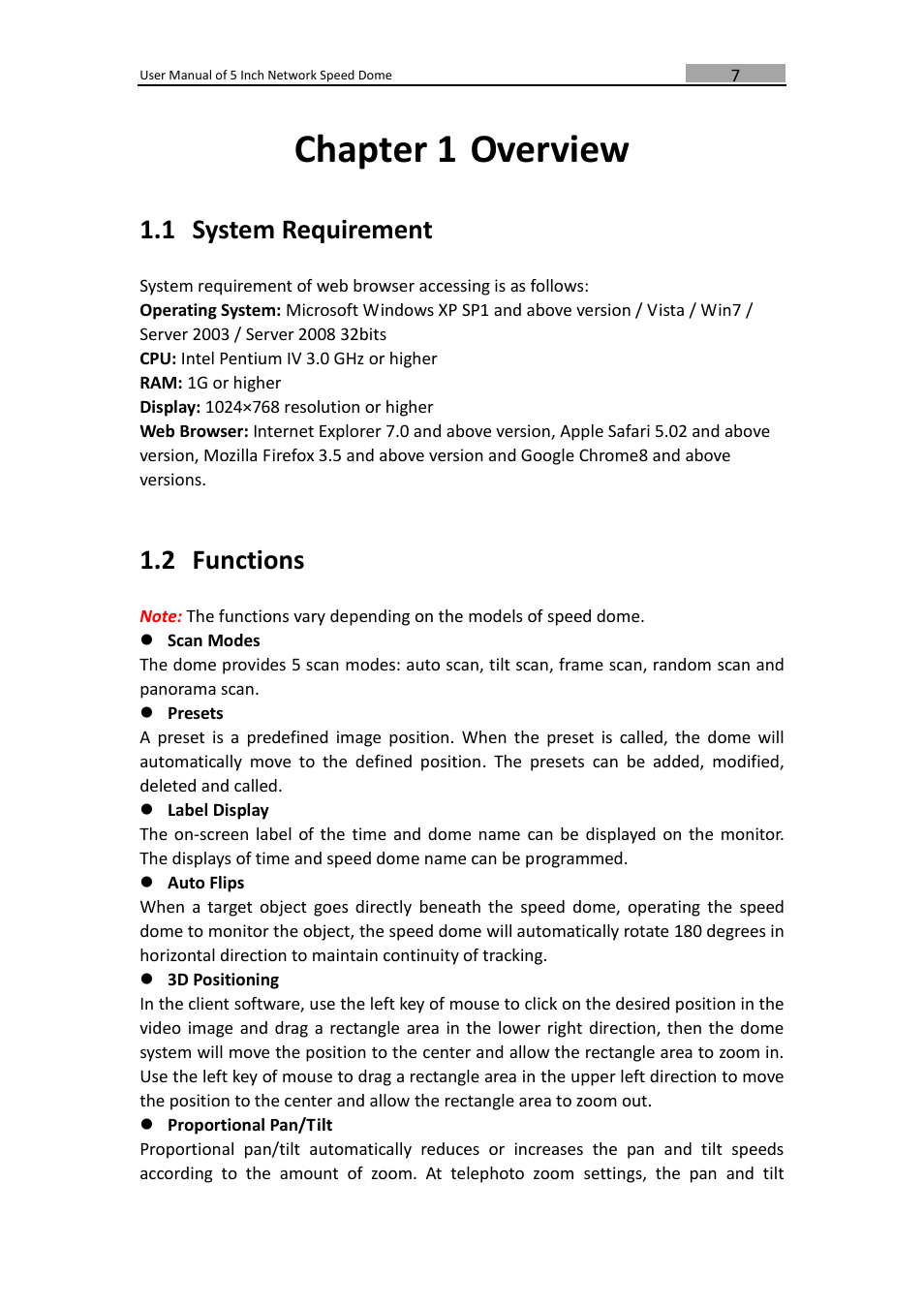 Chapter 1, Overview, Ystem | Equirement, Unctions, Chapter 1 overview, 1 system requirement, 2 functions | LT Security PTZIP772X20IR User Manual | Page 8 / 94