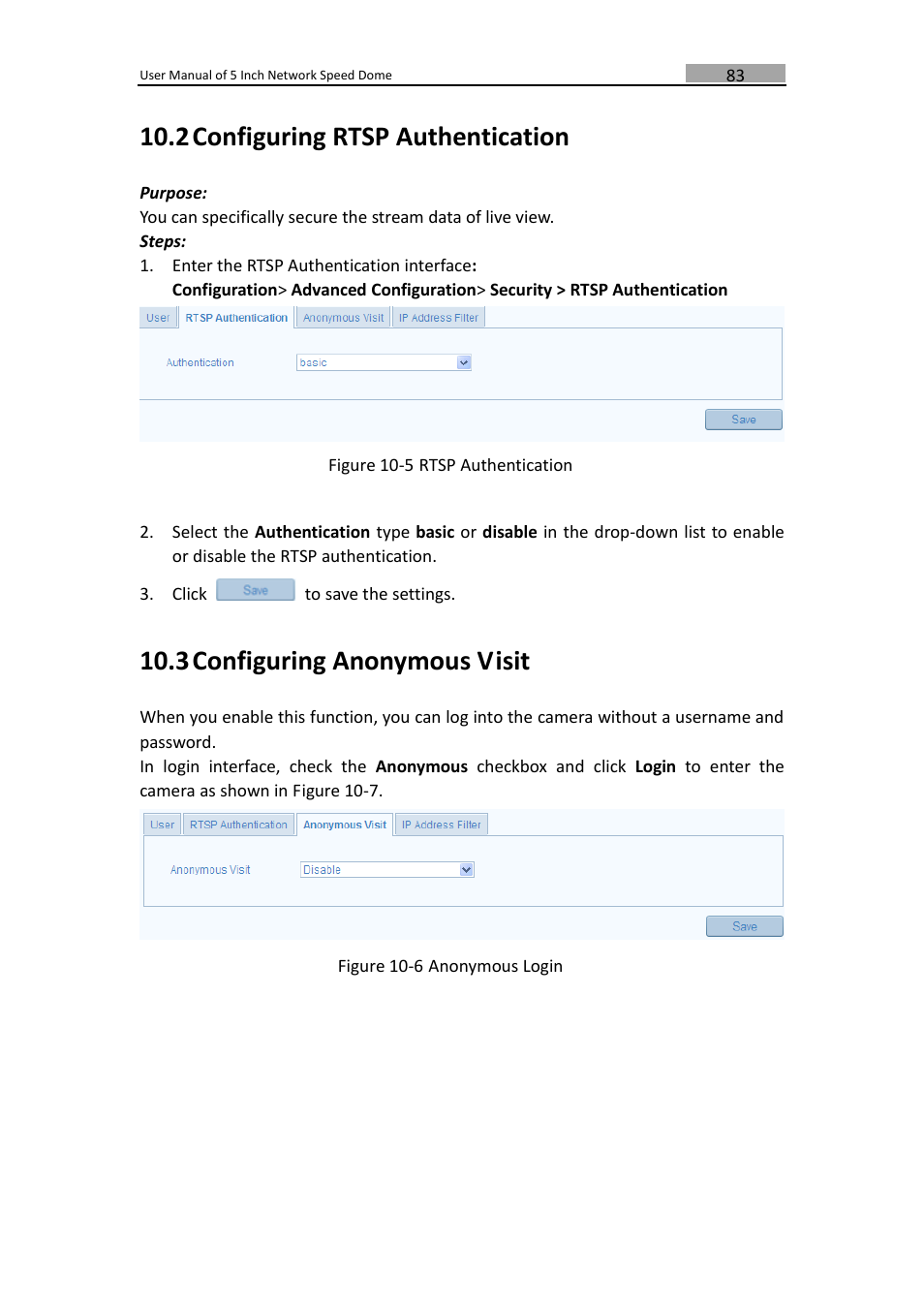 Onfiguring, Rtsp, Uthentication | Nonymous, Isit, 2 configuring rtsp authentication, 3 configuring anonymous visit | LT Security PTZIP772X20IR User Manual | Page 84 / 94