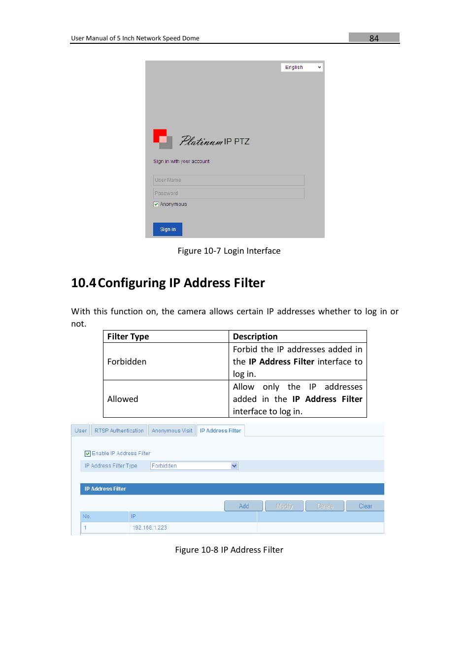 Onfiguring, Ddress, Ilter | 4 configuring ip address filter | LT Security PTZIP772X20IR User Manual | Page 85 / 94
