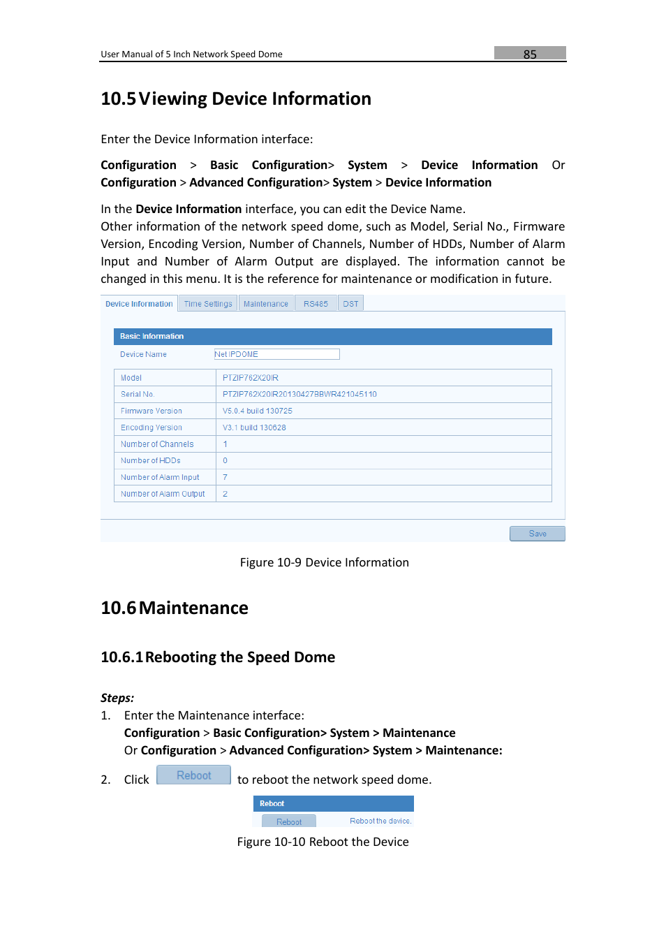 Iewing, Evice, Nformation | Aintenance, Rebooting the speed dome, 5 viewing device information, 6 maintenance, 1 rebooting the speed dome | LT Security PTZIP772X20IR User Manual | Page 86 / 94