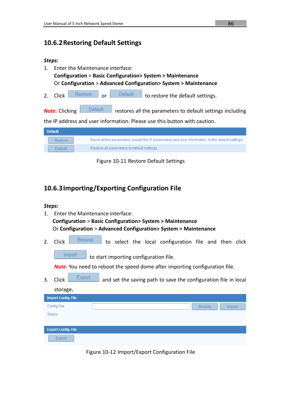 Restoring default settings, Importing/exporting configuration file, 2 restoring default settings | 3 importing/exporting configuration file | LT Security PTZIP772X20IR User Manual | Page 87 / 94