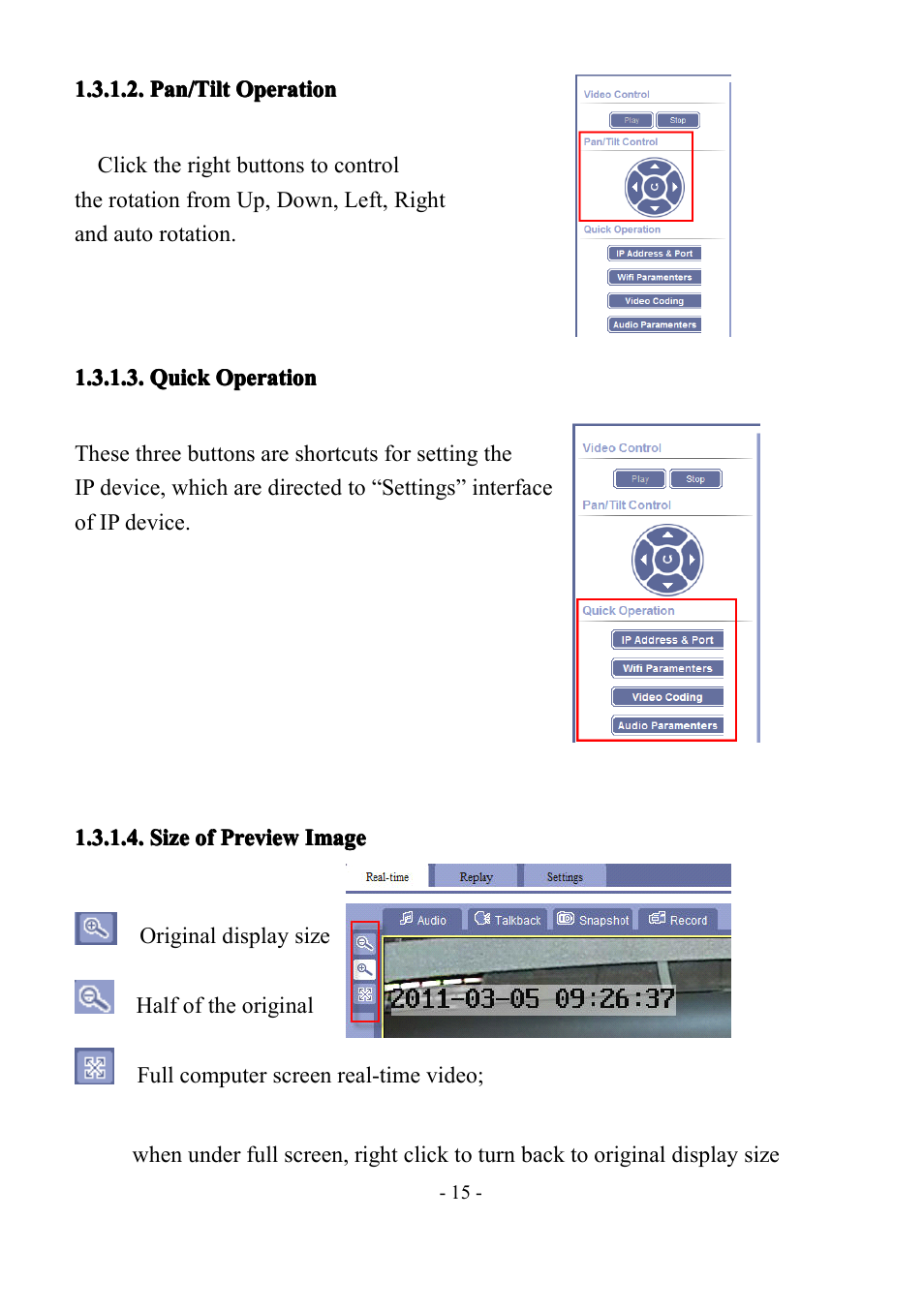 Pan/tiltoperation, Quickoperation, Sizeofpreviewimage | Pan/tilt, Pan/tilt operation, Operation, Quick, Quick operation, Size, Size of | LT Security IP85PW User Manual | Page 15 / 71