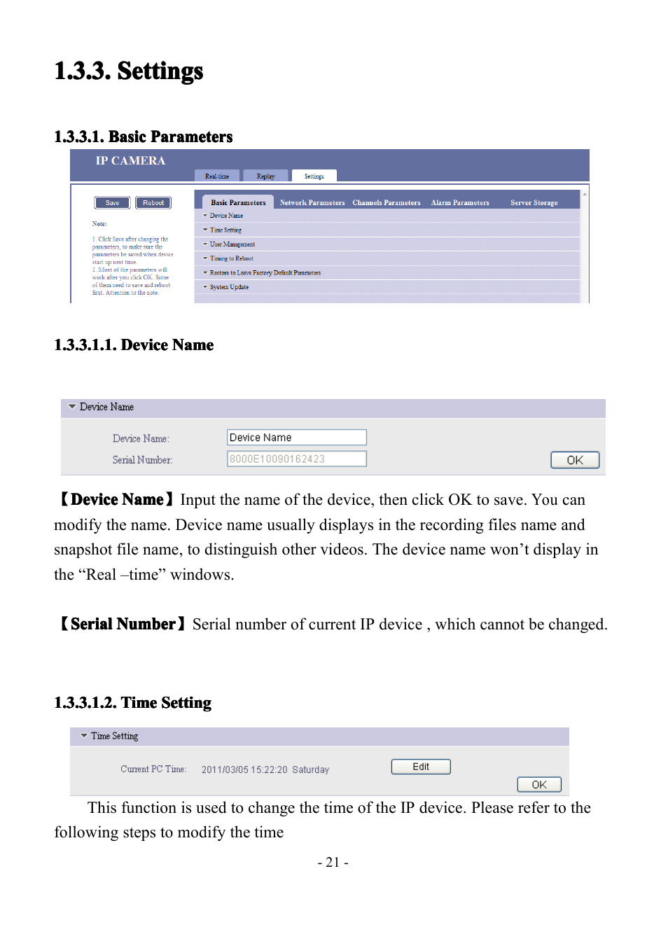 Settings, Basicparameters, Devicename | Timesetting, Basic, Basic parameters, Parameters, Device, Device name, Name | LT Security IP85PW User Manual | Page 21 / 71