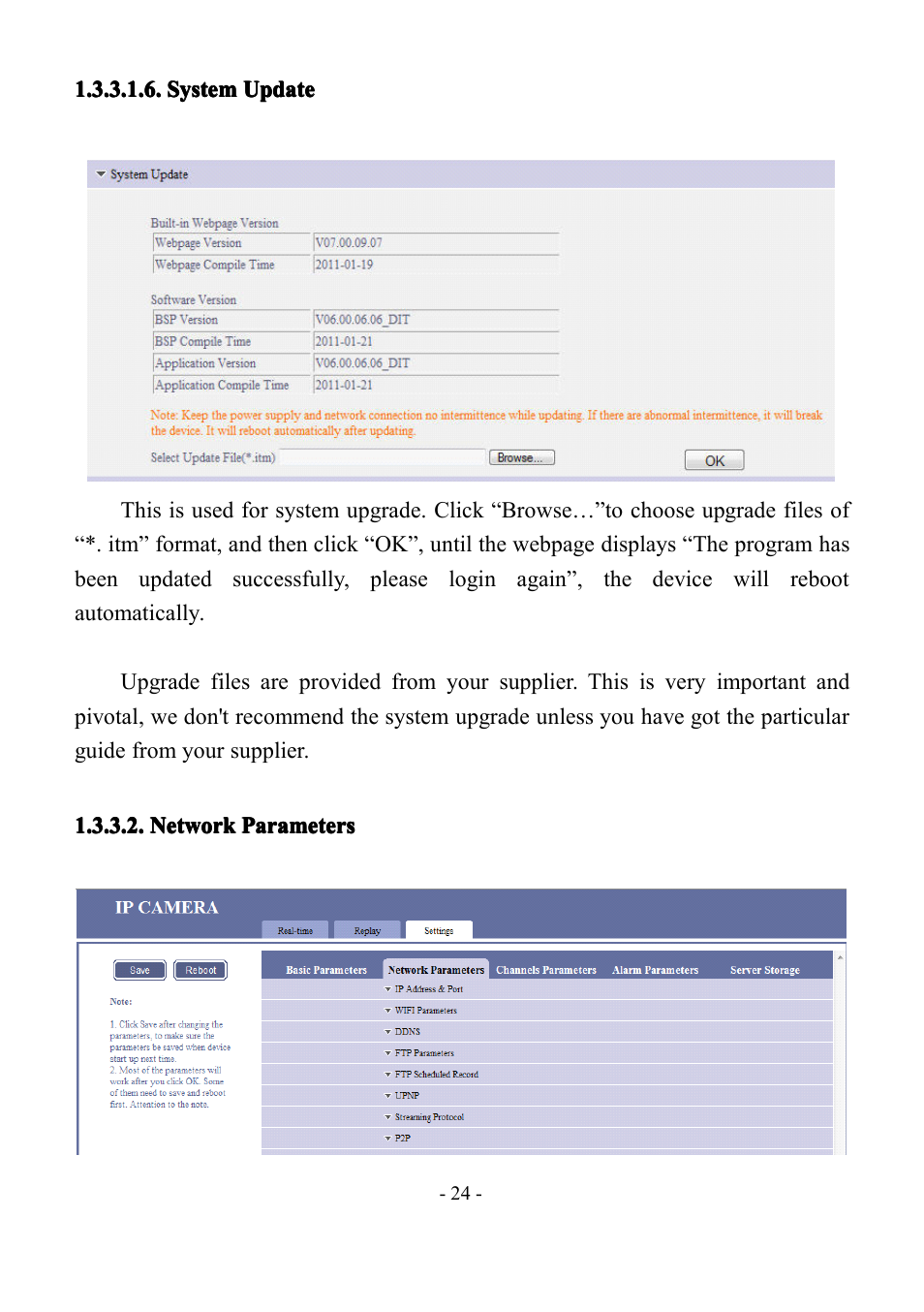 Systemupdate, Networkparameters, System | System update, Update, Network, Network parameters, Parameters | LT Security IP85PW User Manual | Page 24 / 71