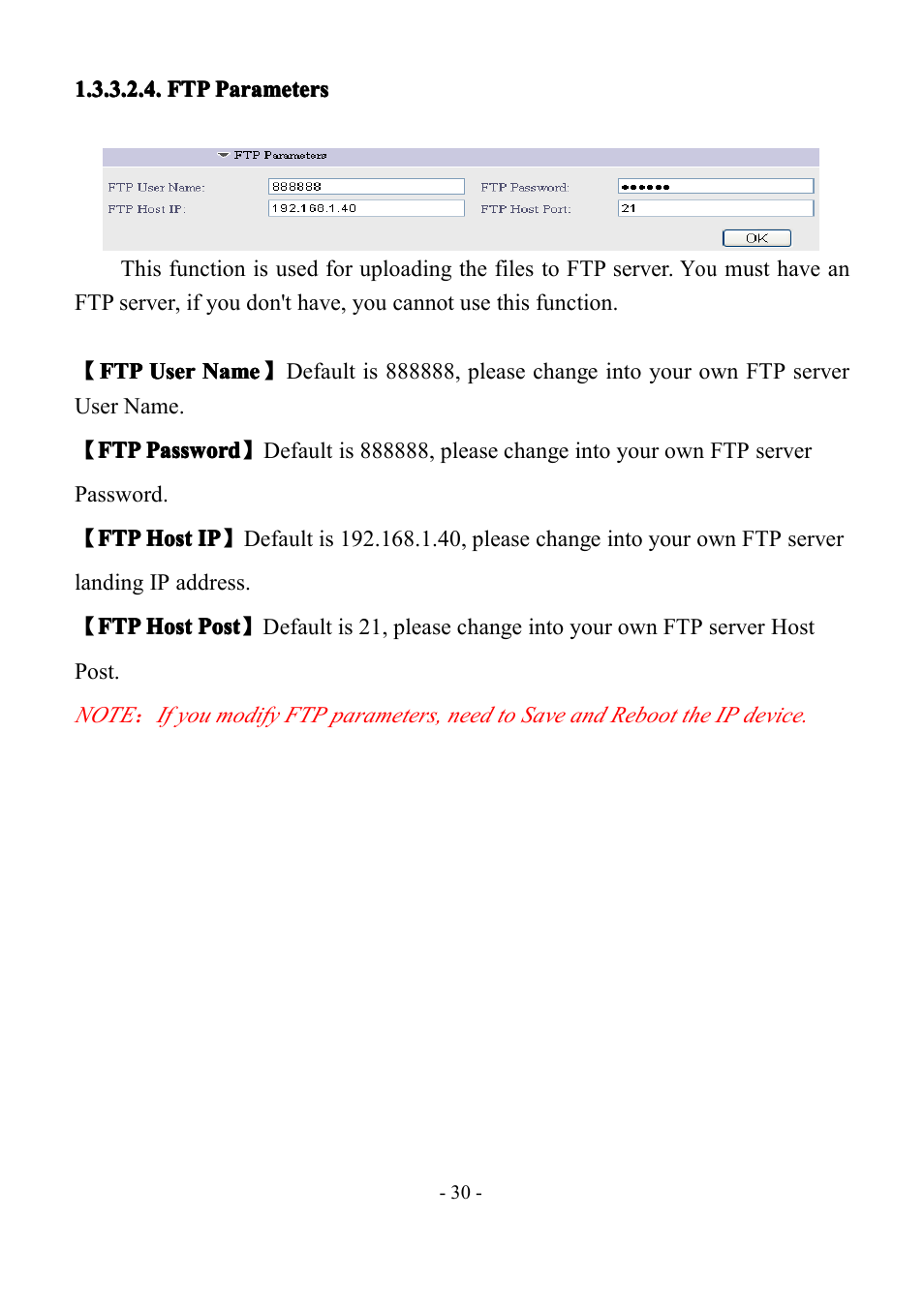 Ftpparameters, Ftp parameters, Parameters | LT Security IP85PW User Manual | Page 30 / 71