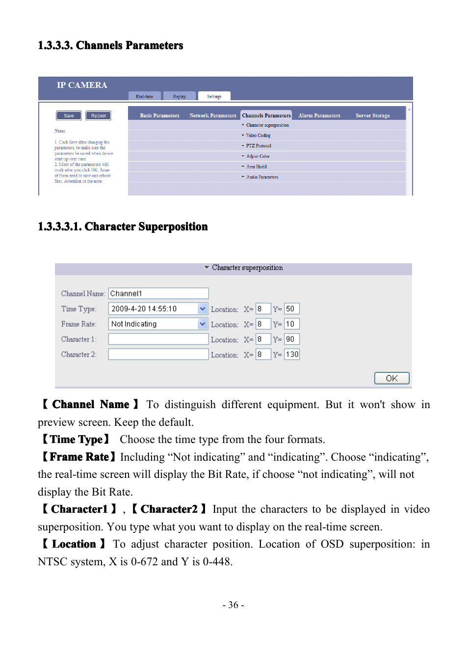 Channelsparameters, Charactersuperposition, Channels | Channels parameters, Parameters, Character, Character superposition, Superposition | LT Security IP85PW User Manual | Page 36 / 71