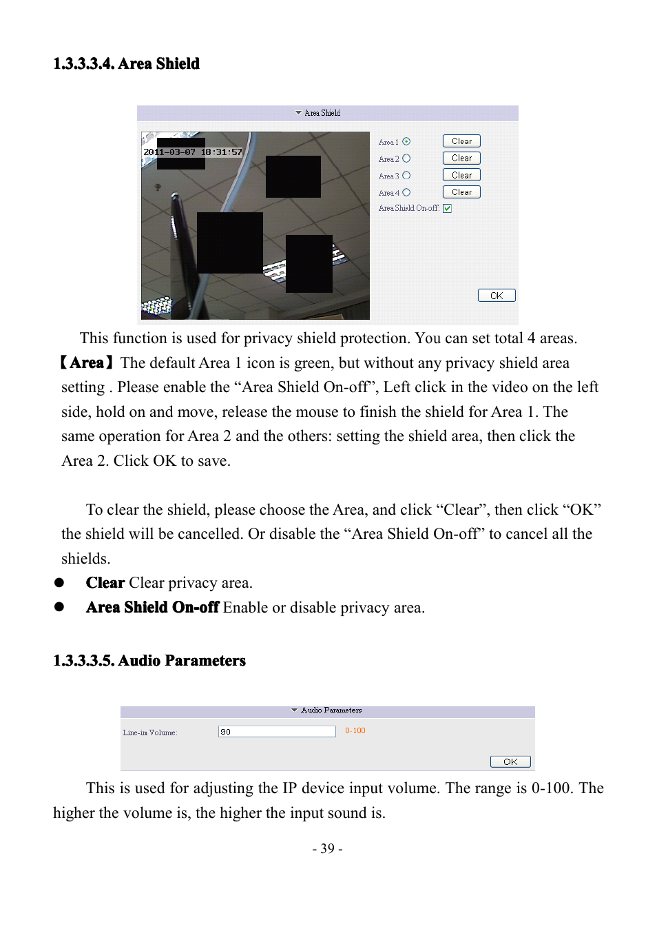 Areashield, Audioparameters, Area | Area shield, Shield, Audio, Audio parameters, Parameters | LT Security IP85PW User Manual | Page 39 / 71