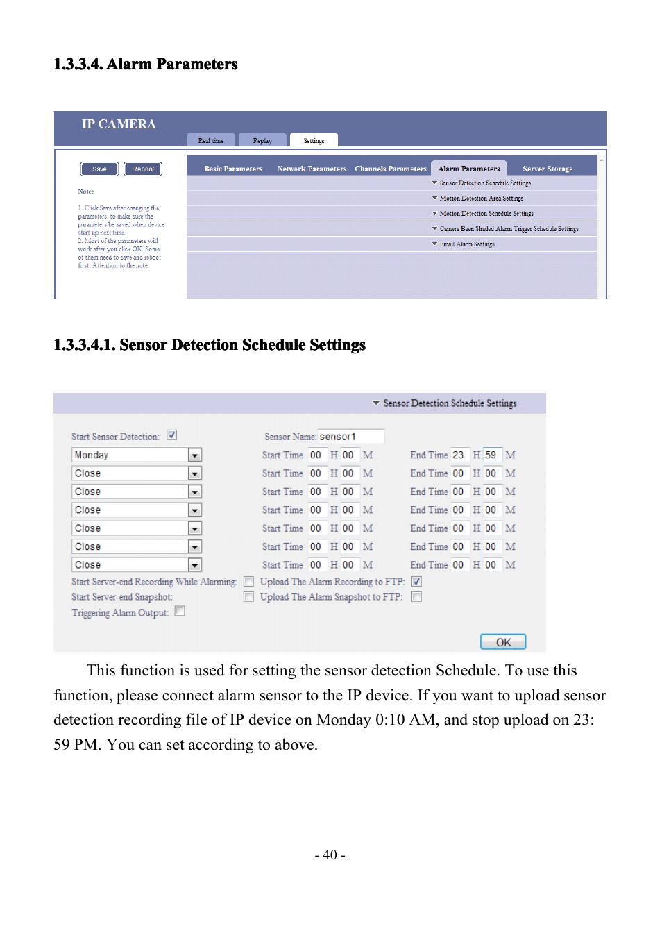 Alarmparameters, Sensordetectionschedulesettings, Alarm | Alarm parameters, Parameters, Sensor, Sensor detection, Detection, Detection schedule, Schedule | LT Security IP85PW User Manual | Page 40 / 71