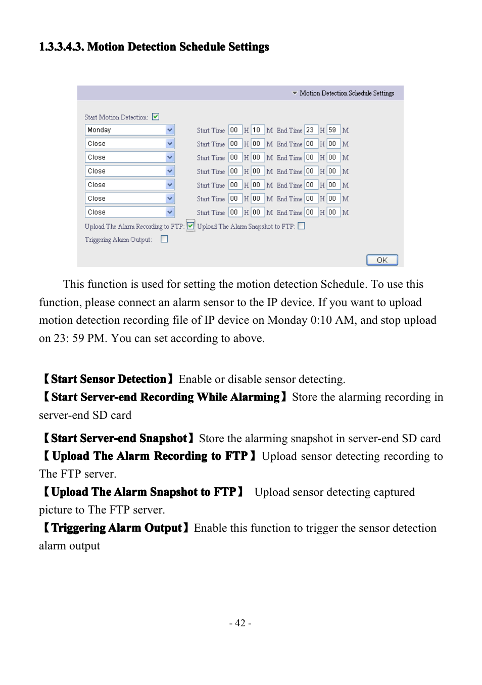 Motiondetectionschedulesettings, Motion, Motion detection | Detection, Detection schedule, Schedule, Schedule settings, Settings | LT Security IP85PW User Manual | Page 42 / 71