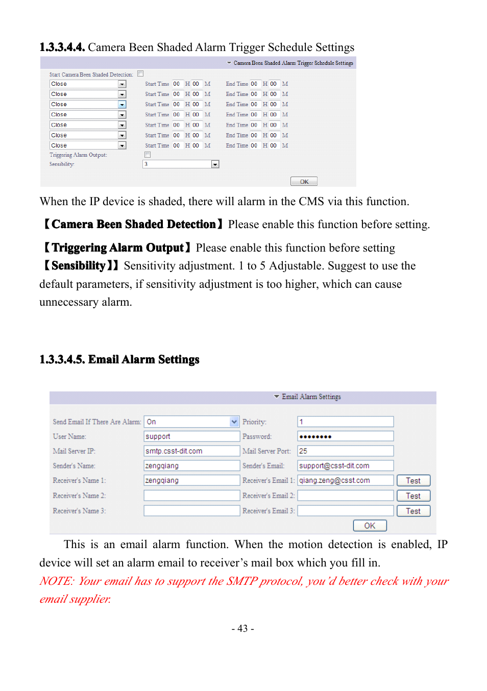 Camerabeenshadedalarmtriggersched, Emailalarmsettings, Camera | Camera been, Been, Been shaded, Shaded, Shaded alarm, Alarm, Alarm trigger | LT Security IP85PW User Manual | Page 43 / 71