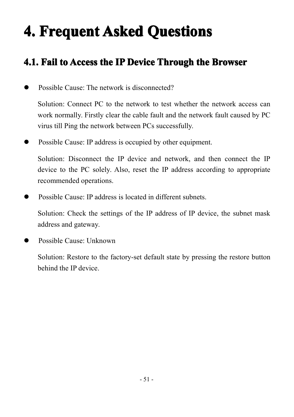 Frequentaskedquestions, Failtoaccesstheipdevicethroughthebrow, Frequent | Frequent asked, Asked, Asked questions, Questions, Fail, Fail to, To access | LT Security IP85PW User Manual | Page 51 / 71
