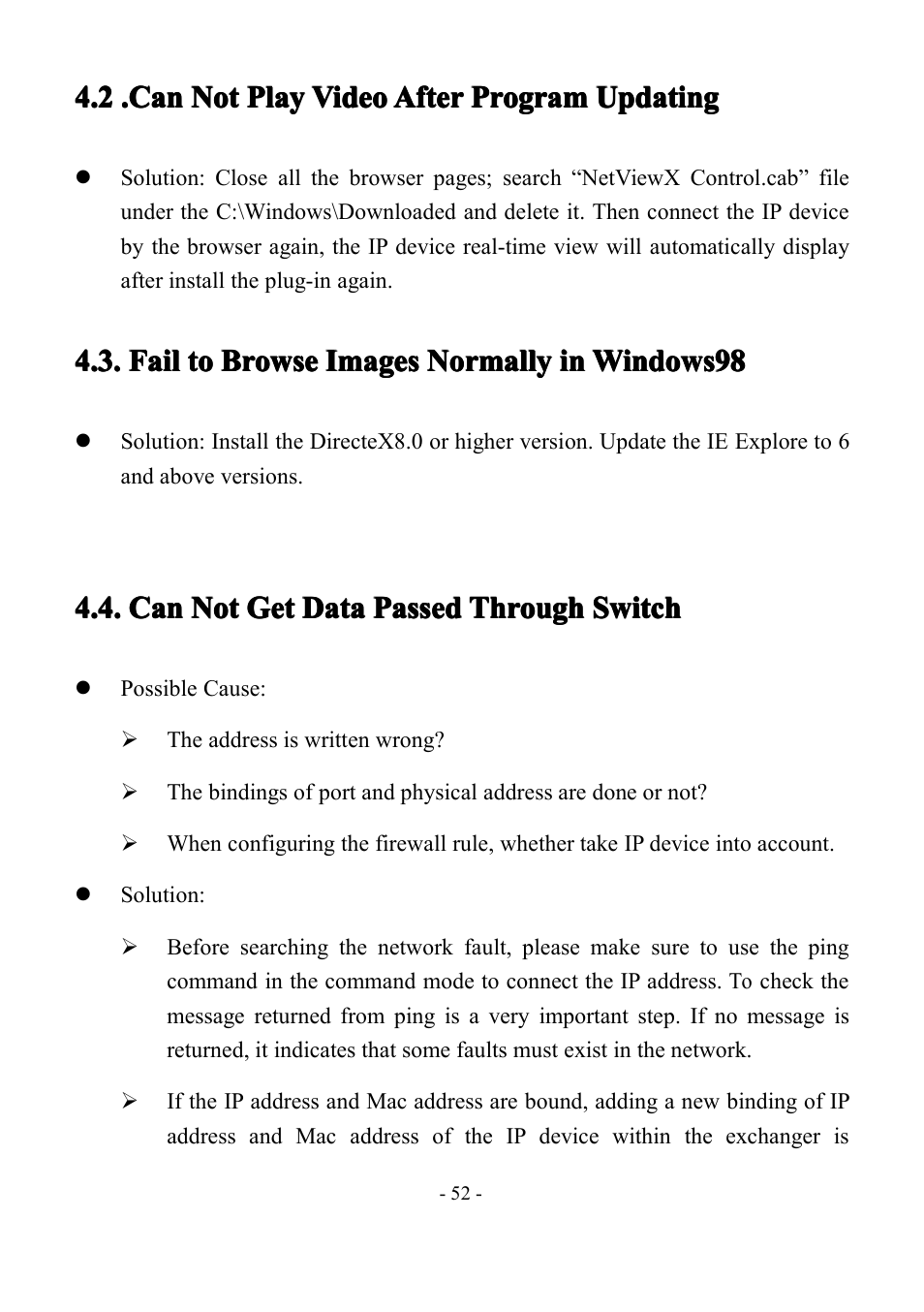 Cannotplayvideoafterprogramupdating, Failtobrowseimagesnormallyinwindows98, Cannotgetdatapassedthroughswitch | 2 .can, Can not, Not play, Play, Play video, Video, Video after | LT Security IP85PW User Manual | Page 52 / 71