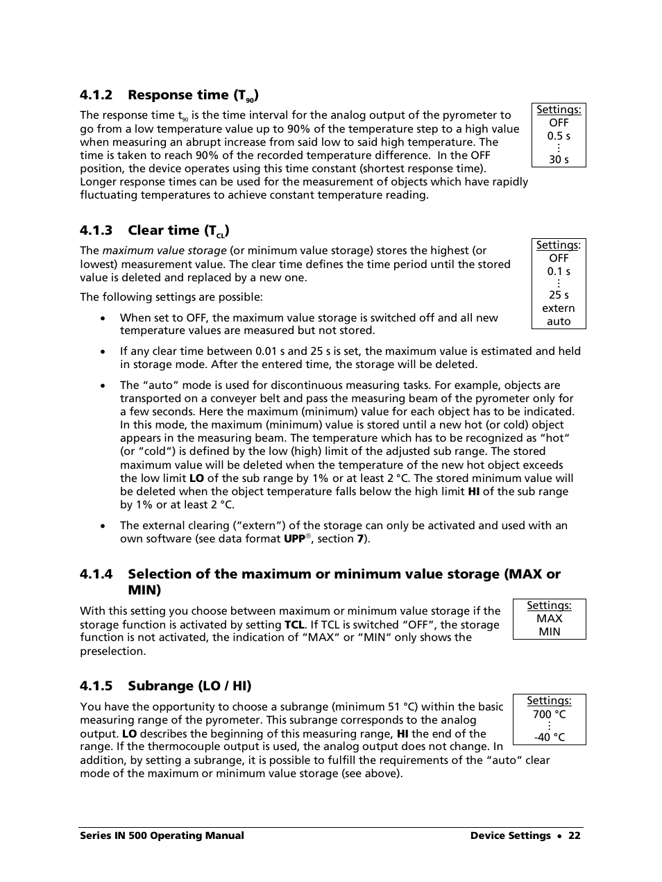 2 response time (t90), 3 clear time (tcl), 5 subrange (lo / hi) | LumaSense Technologies IN 520 User Manual | Page 22 / 38