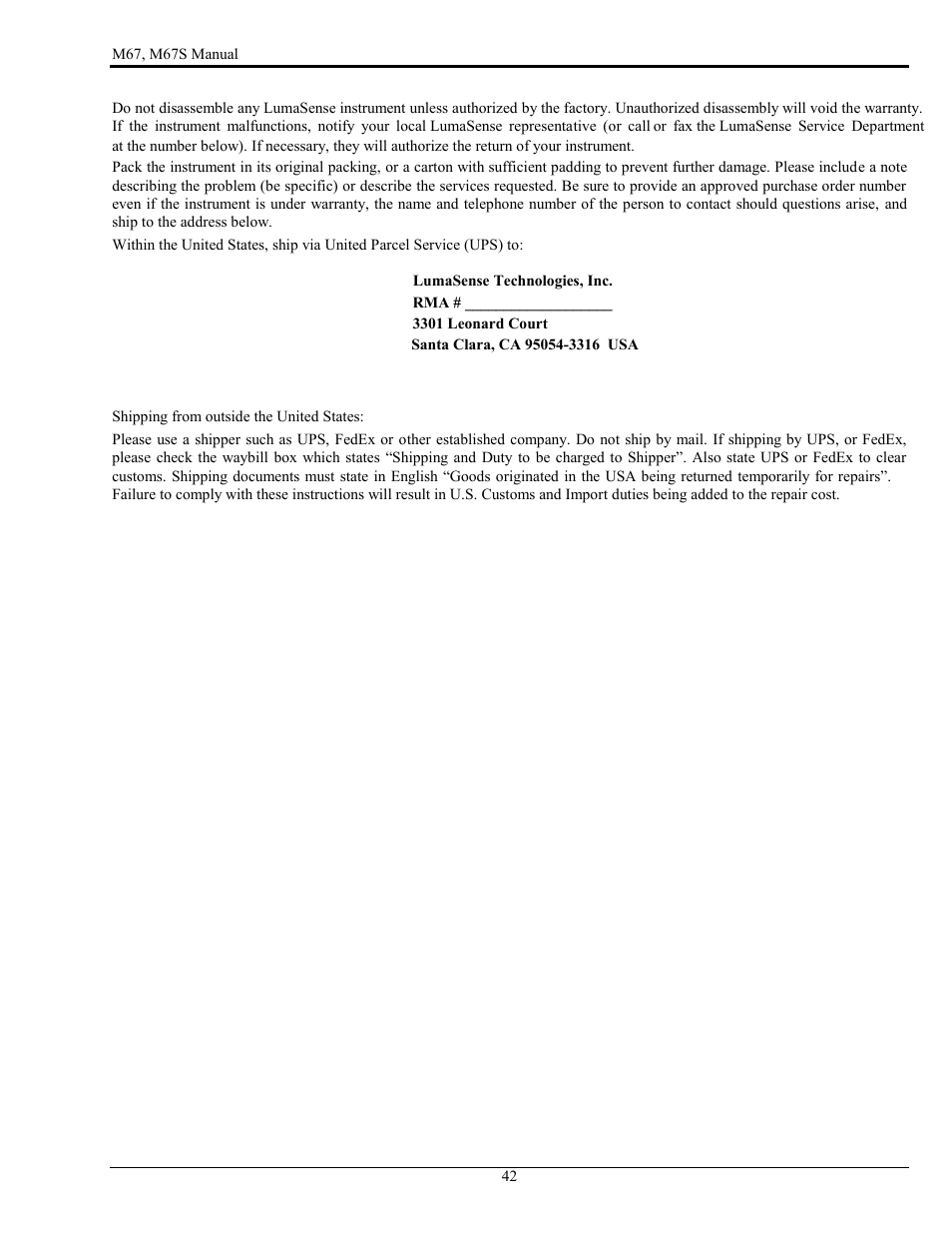 Procedure for factory repair and return | LumaSense Technologies M67 User Manual | Page 43 / 52