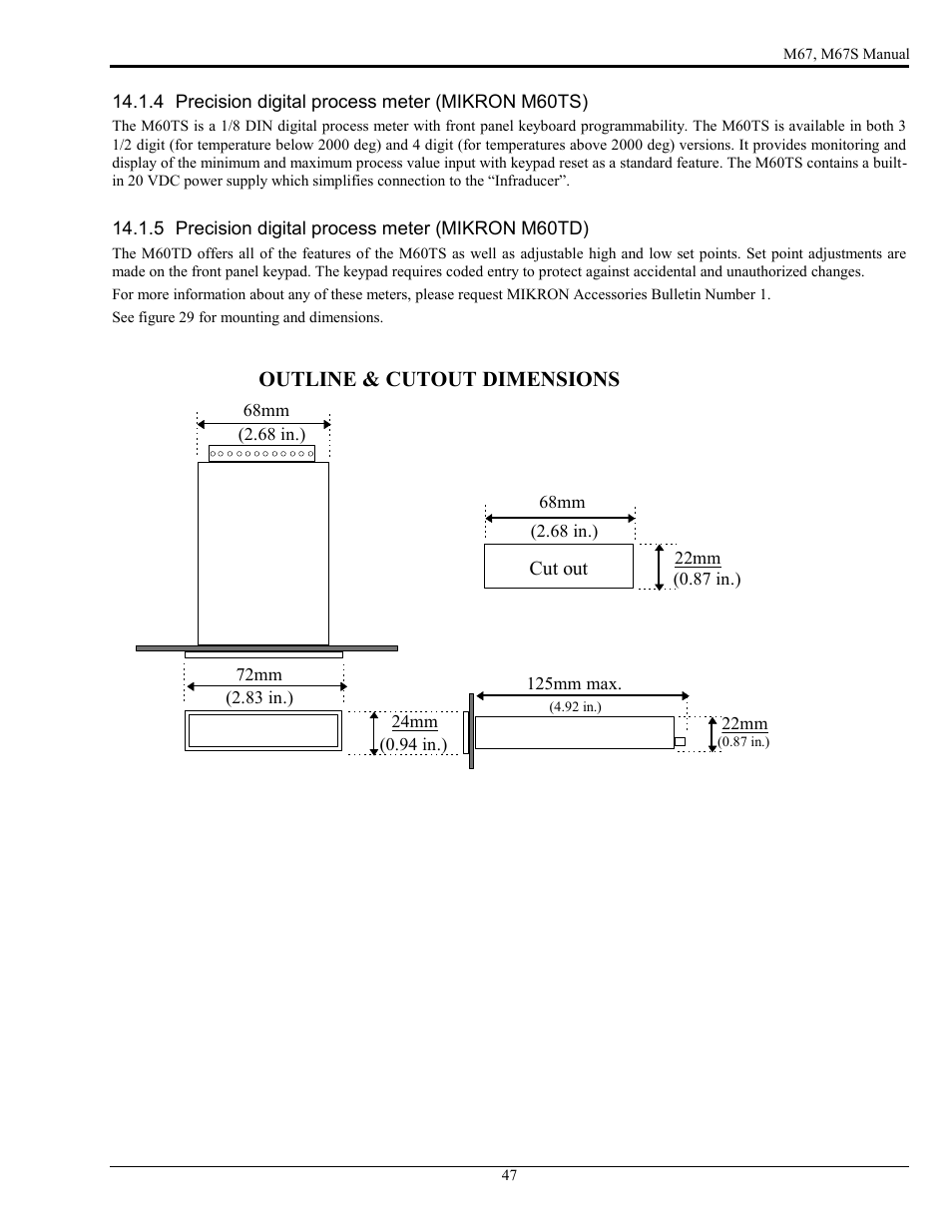Outline & cutout dimensions | LumaSense Technologies M67 User Manual | Page 48 / 52