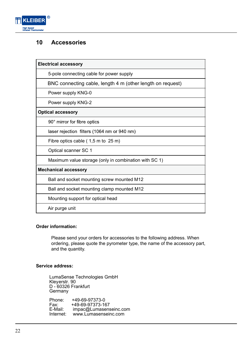 10 accessories | LumaSense Technologies IGA 740-LO User Manual | Page 26 / 28