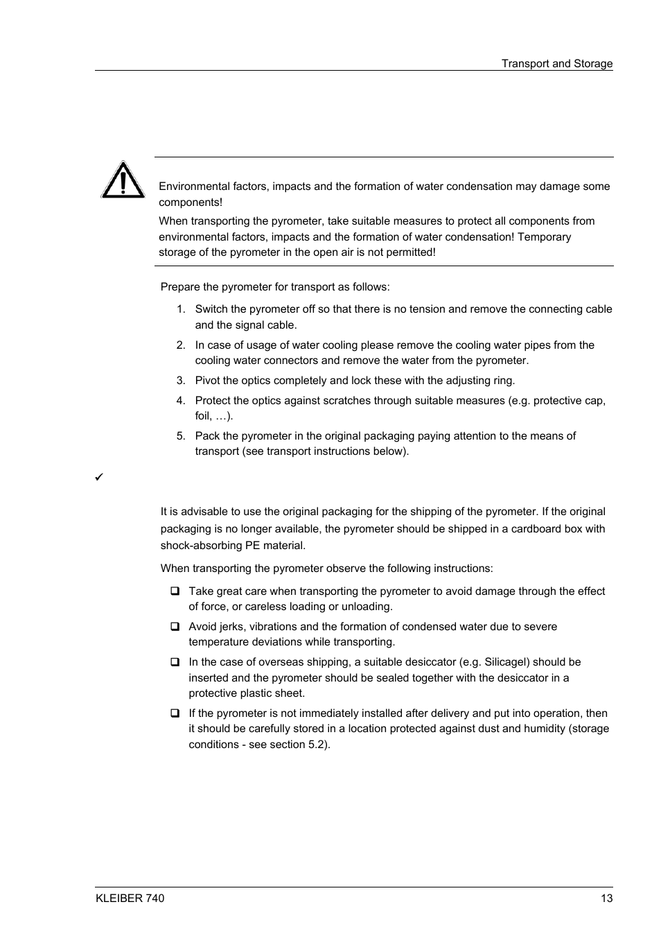 5 transport and storage, 1 transport of the pyrometer, Transport and storage | Transport of the pyrometer, 5transport and storage | LumaSense Technologies IGA 740 User Manual | Page 17 / 27