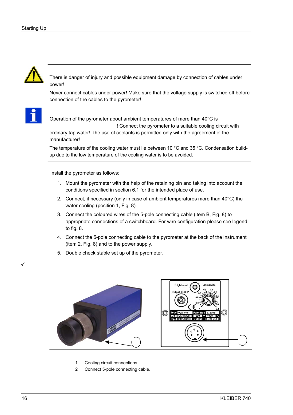 2 installation, 1 fix and connect the pyrometer, Fig. 8 | Pyrometer connections | LumaSense Technologies IGA 740 User Manual | Page 20 / 27