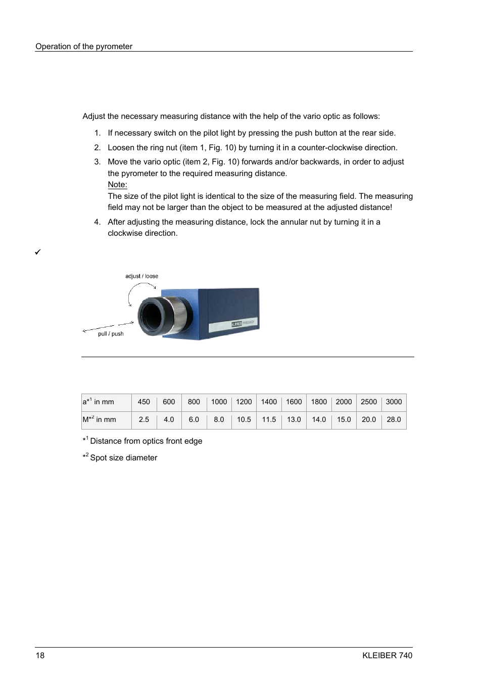 7 operation of the pyrometer, 1 setting the vario optic, Operation of the pyrometer | Setting the vario optic, Fig. 10, Eration of the pyrometer | LumaSense Technologies IGA 740 User Manual | Page 22 / 27