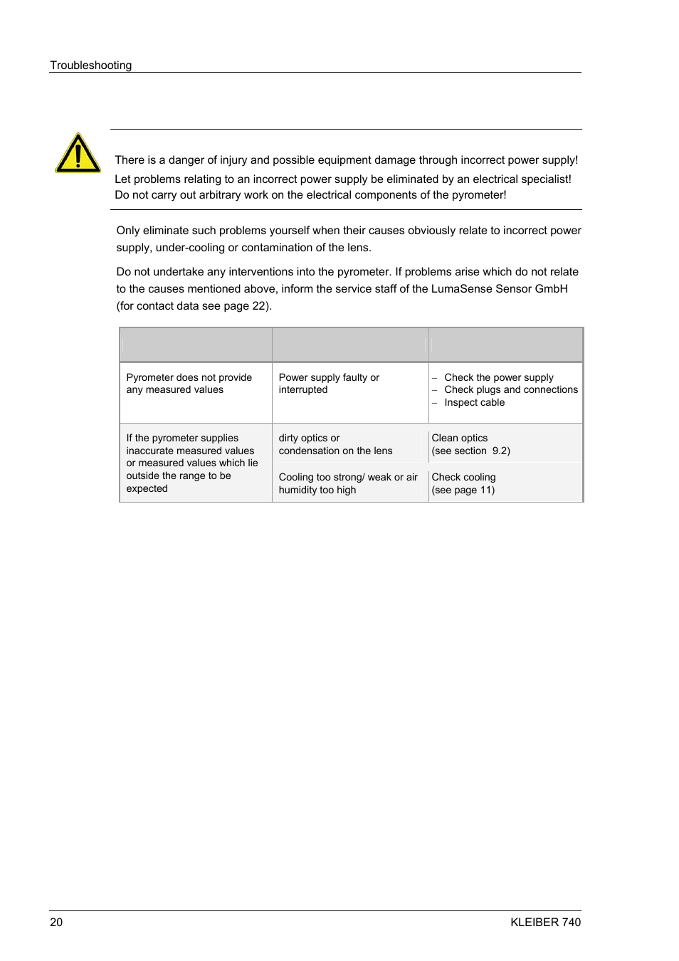 8 troubleshooting | LumaSense Technologies IGA 740 User Manual | Page 24 / 27