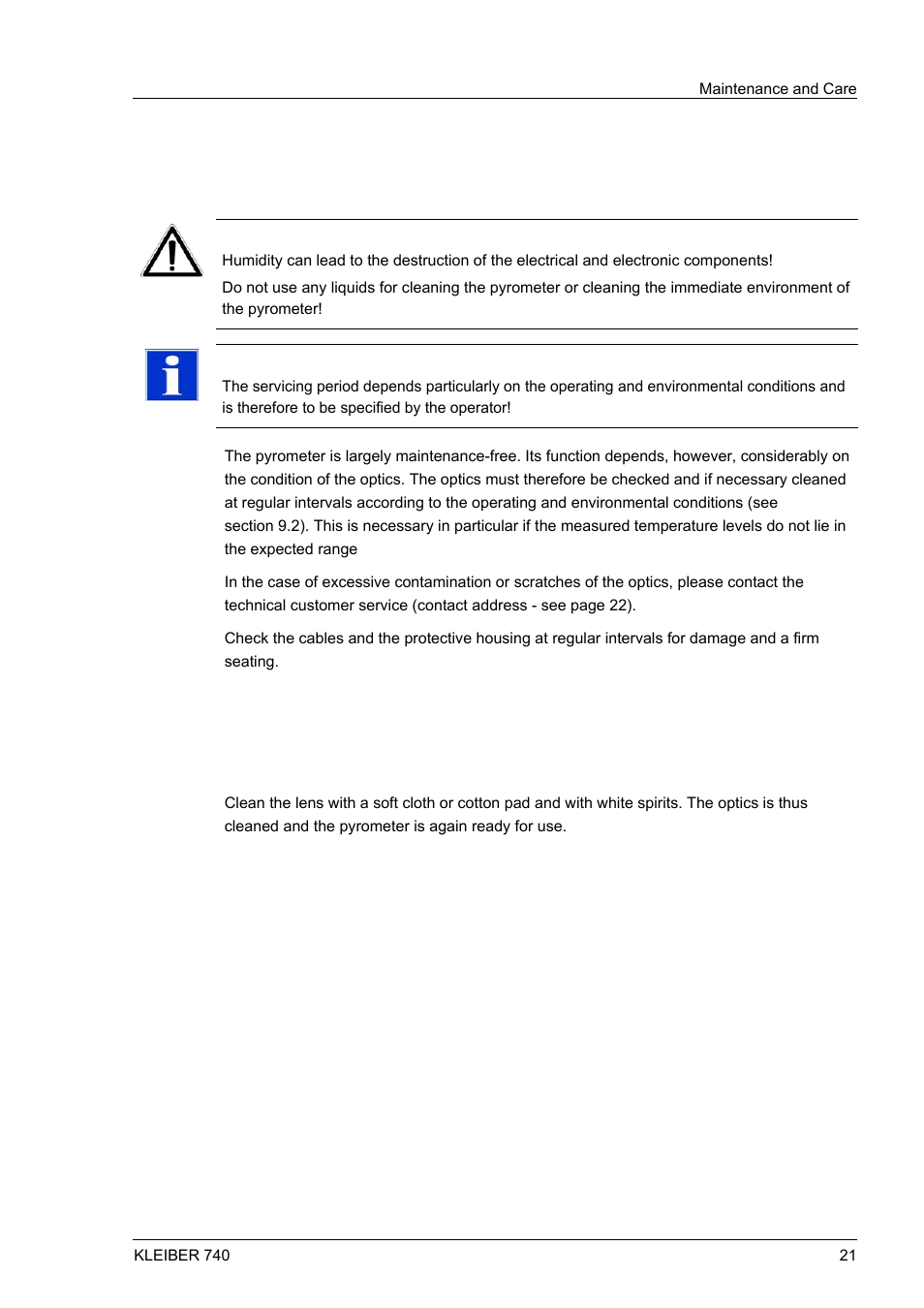 9 maintenance and care, 1 general information, 2 cleaning the optics | Maintenance and care, 1 general, Information, Cleaning the optics, 9maintenance and care | LumaSense Technologies IGA 740 User Manual | Page 25 / 27